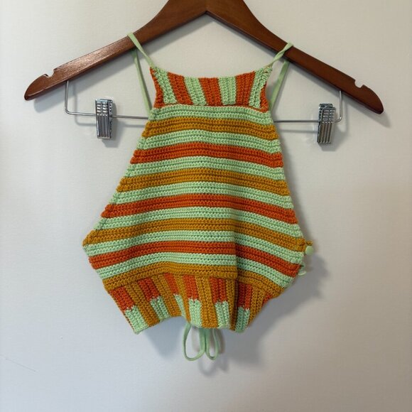 Urban Outfitters Crochet Tank Halter Crop Top Orange Green Size Small - Picture 1 of 9
